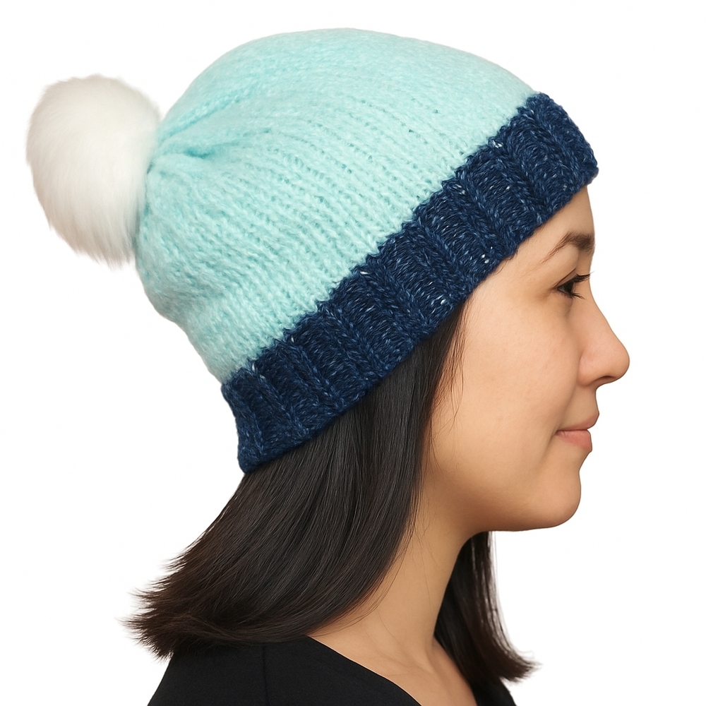 Hand Knit Toque With Faux Fur Pompom Seafoam Green And Navy Blue OSFM